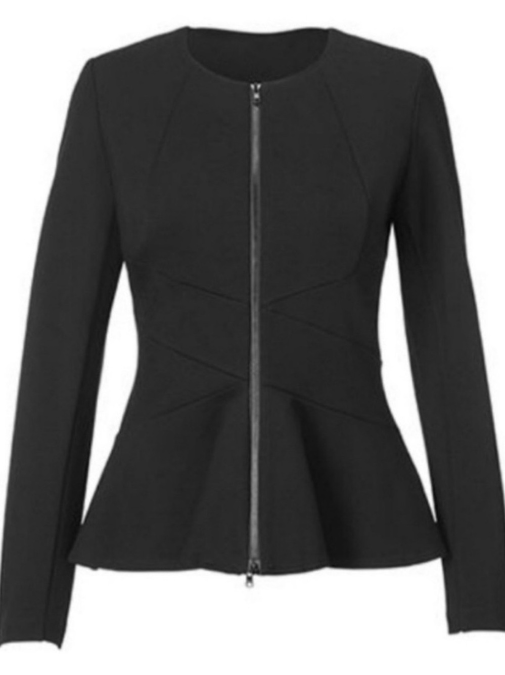 CAbi Crisscross Black Peplum Zip Front Jacket